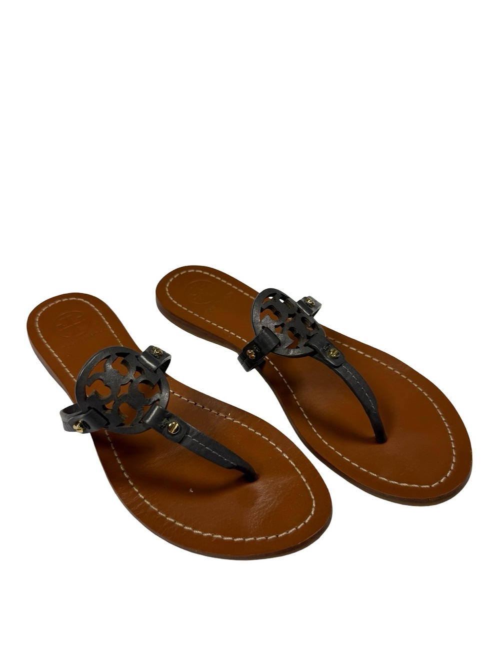 Tory Burch Size 6 Leather Thong Sandals Black Brown Logo Resort Quiet Luxury